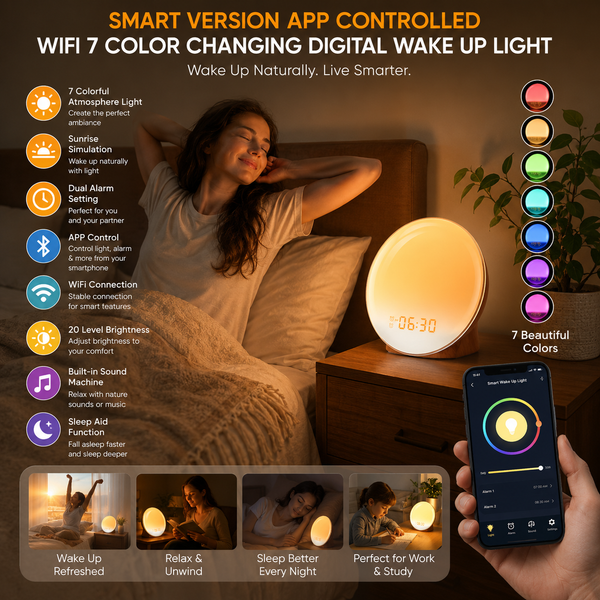 Smart Version APP Controlled WIFI 7 Color Changing Digital Wake Up Light