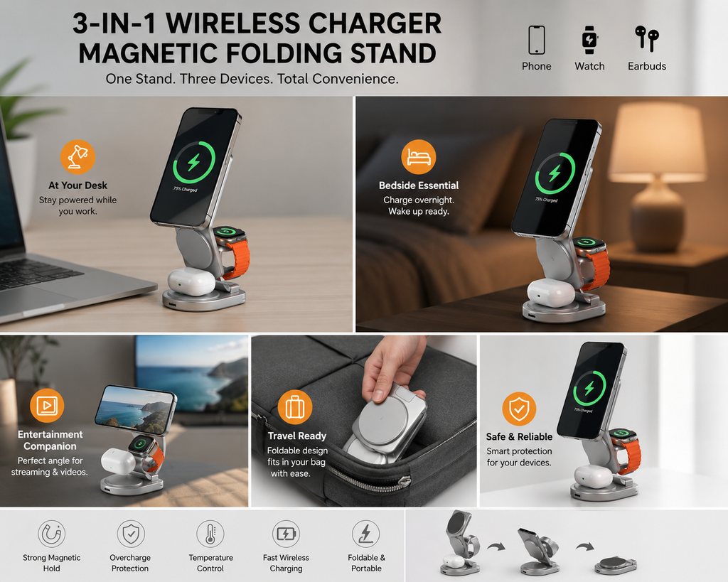 3-in-1 Wireless Charging Stand – Fast Charge for Phone, Watch & Earbuds