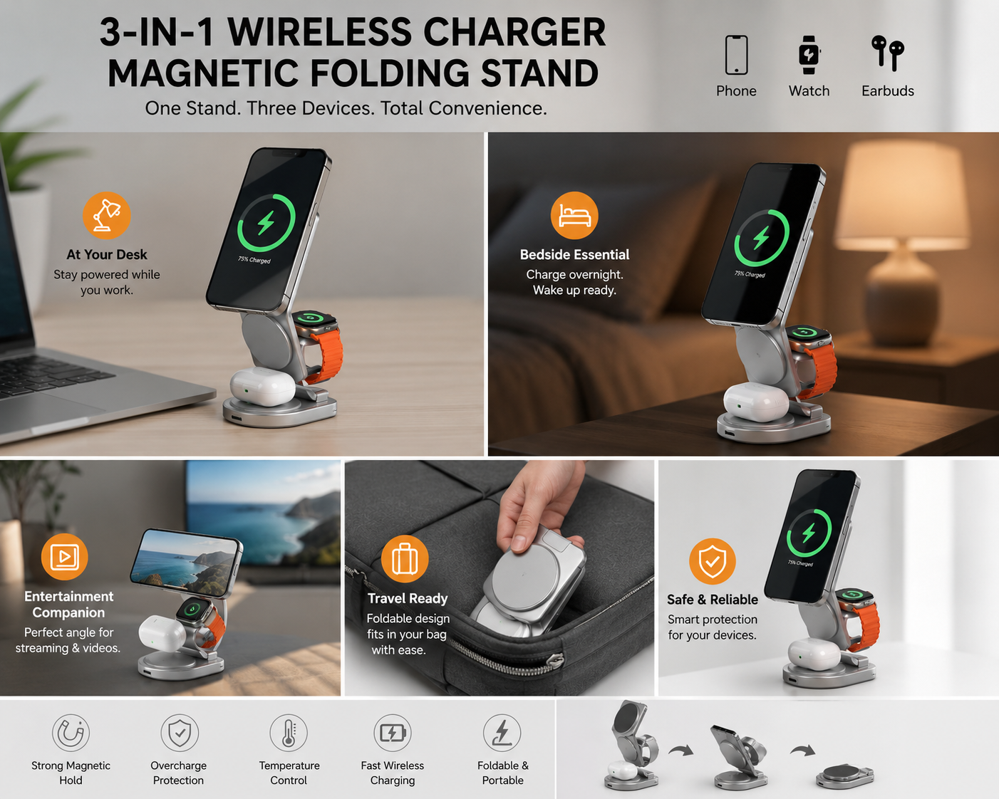 3-in-1 Wireless Charging Stand – Fast Charge for Phone, Watch & Earbuds