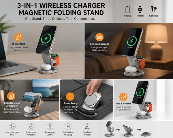 3-in-1 Wireless Charging Stand – Fast Charge for Phone, Watch & Earbuds
